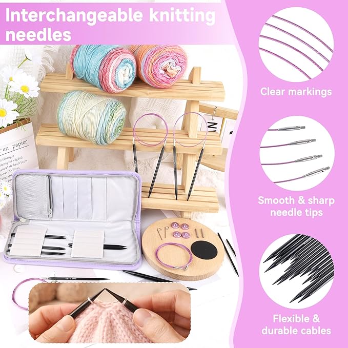 Coopay Interchangeable Knitting Needles, 9 Pairs Knitting Needle Set (3-8mm) with 4 Cables (40/60/80/100cm), Aluminum Cable Needles for Hats, Socks, Scarves, Gloves, Sweaters, Portable Carry Bag