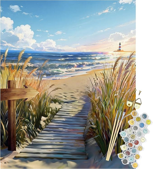Npcswxq Beach Paint By Numbers Kit for Adults Beginners, Beachside Reed Lighthouse Adult Paint by Number on Canvas,Ocean DIY Acrylic Number Artist Paint Kit for Home Wall Decor Holiday Gifts 16x20Inch