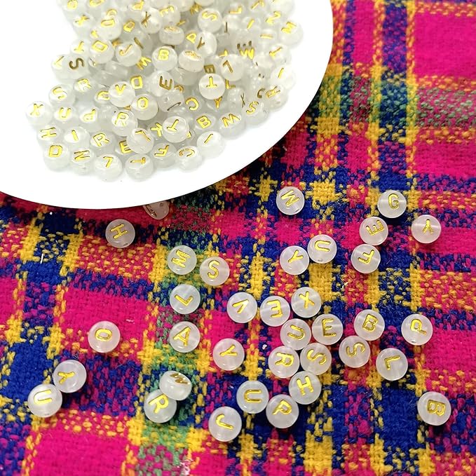Amaney 1000pcs Alphabet Letter Beads 4x7mm Gold on White Glow in The Dark for Jewelry Making