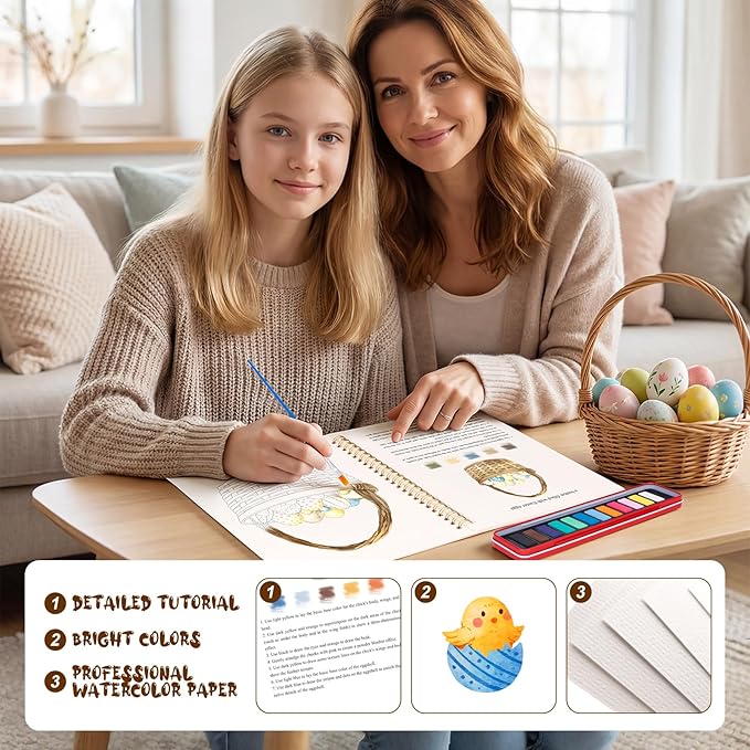 Easter Watercolor Workbook for Adults, Beginner Friendly Watercolor Painting Kit Bunny Eggs Water Coloring Book, Nature-Themed Practice Art Gift Water Color Paint Book with Palette and Brush