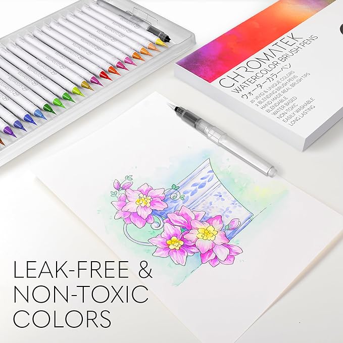 CHROMATEK 22 Watercolor Pens Set | 2 Aquapens & 20 Unique Colors | Brush Pens | Easily Blendable, Vivid, Smooth | Professional Art Supplies