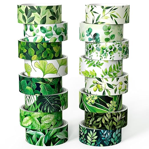 Botanical Green Washi Tape Set- 16 Rolls Leaf Themed Decorative Tape for Journals & Nature Crafts Scrapbooks (0.6" x 10 ft) - Monstera, Bamboo, Olive, Ginkgo, Mint Leaves