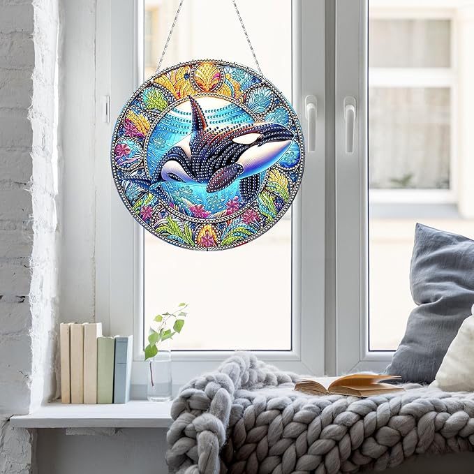 Generic DIY Hanging Diamond Pendant Special Shaped Crystal Diamond Art Painting Ornament Single Sided for Window Home Garden Wall Door Decor-Orca