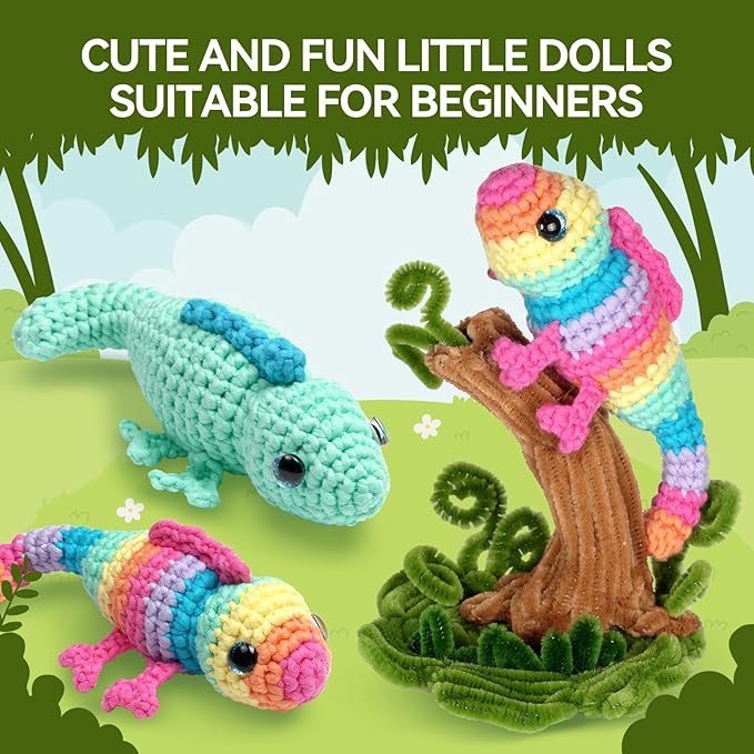 MOREJMTT Crochet Kit for Beginners, Crochet Animal Kits, Crocheting Kit for Starters, Learn to Crochet with Step-by-Step Video Tutorials, Beginner Crochet Kit for Adults(Chameleons)
