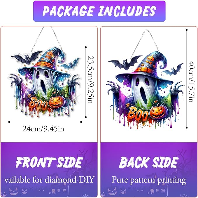 GAYISIC Diamond Art Hanging Kit for Adult, Double Sided 5D Acrylic Diamond Art Painting Window Pendants，DIY Acrylic Diamond Art Painting Window Pendants Home Garden Wall (Halloween Ghost)
