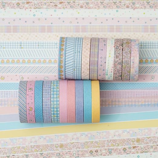 YUBX Vintage Washi Tape Set 20 Rolls Skinny Retro Decorative Antique Patterns Masking Tapes for Arts, DIY Crafts, Journals, Planners, Scrapbook, Wrapping (Kawaii)