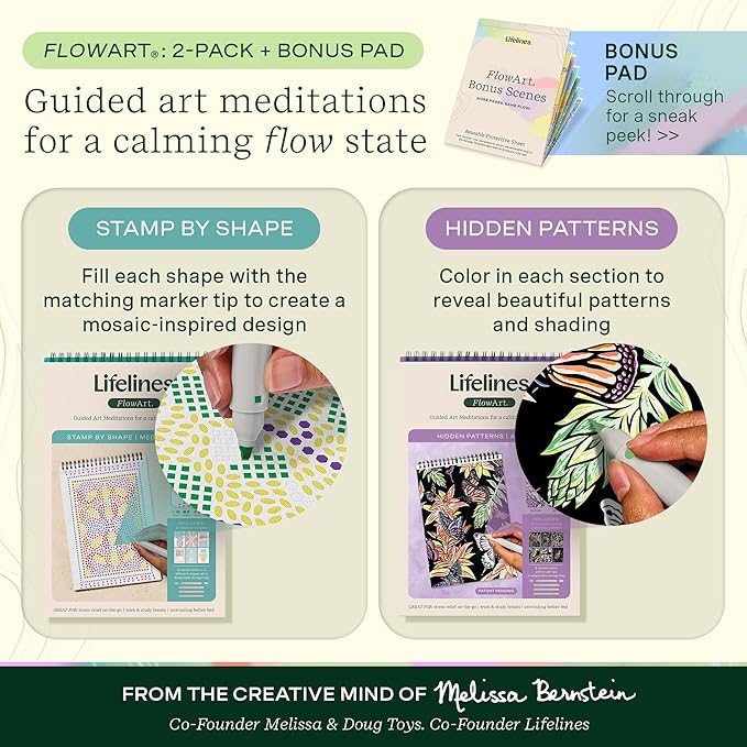 Lifelines FlowArt Activity Pads, 2-Pack with 8 Double-Sided Markers, 40 Scenes & Bonus Pad - Guided Dot Art Meditations - Stamp-by-Shape & Hidden Patterns Coloring Books for Tweens, Adults & Seniors