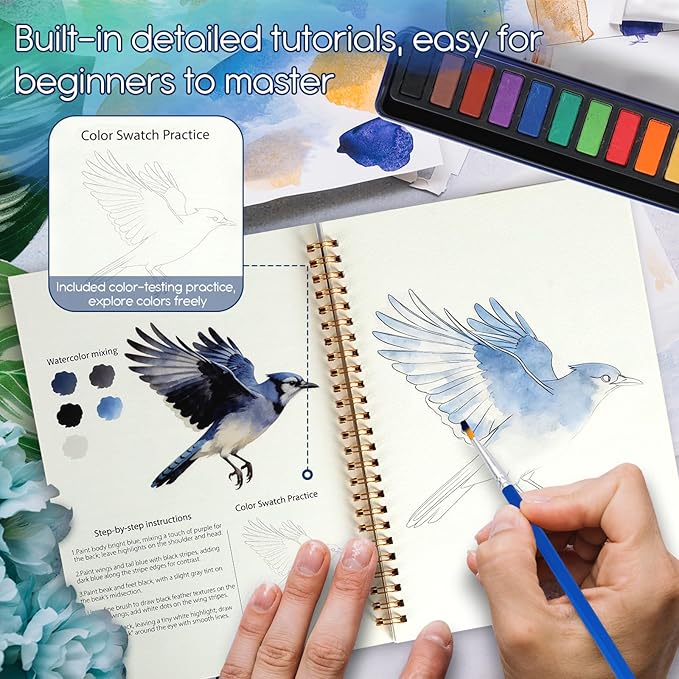 Easy-Learn Bird Watercolor Workbook, 12 Unique Bird Patterns, Bleed-Resistant Paper – Creative Gift for Adults & Teens
