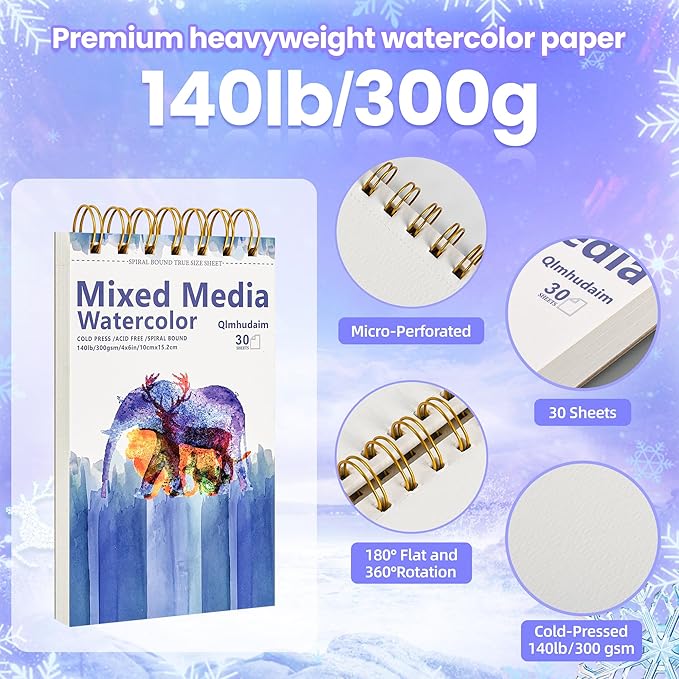 2-Pack Watercolor Paper Pad 4" x6”(30 Sheets, 140lb/300g), Spiral - Bound with Tear - Line. A Small Watercolor pad and Artist-Grade Watercolor Book for Adults & Kids -Compact Travel Sketchbook