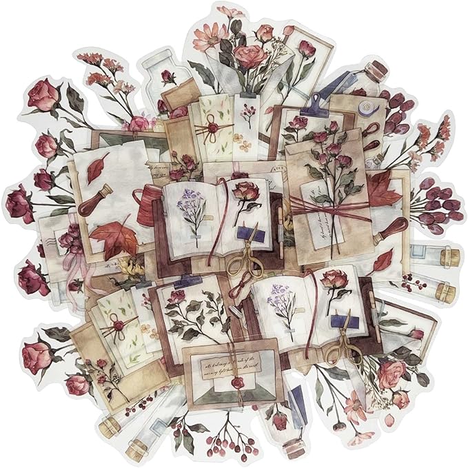 Vintage Pink Rose Scrapbook Stickers, 40Pcs Decorative Retro Adhesive Watercolor Aesthetic for Craft Art Bullet Junk Journal DIY Paper Planner Notebook Collage Album