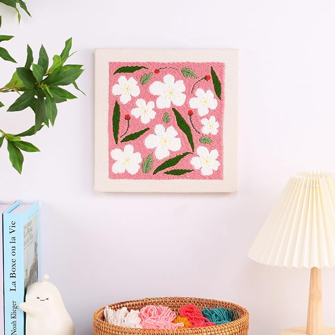 embroidery punch needle kit frame, embroidery starter kits for beginner kids,punch needle fabric with pattern,threader, yarns,embroidery hoops & rug punch(pink)