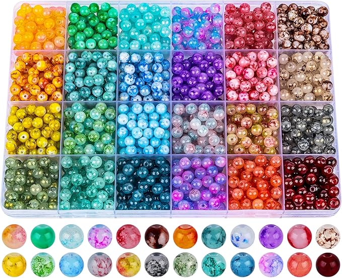 XSEINO About 1200+ PCS 6mm Ink Style Glass Beads Bracelet Making Kit, 24 Assorted Ink Colorful Series Crystal Beads for Jewelry Making and DIY Crafts, Friendship Bracelets