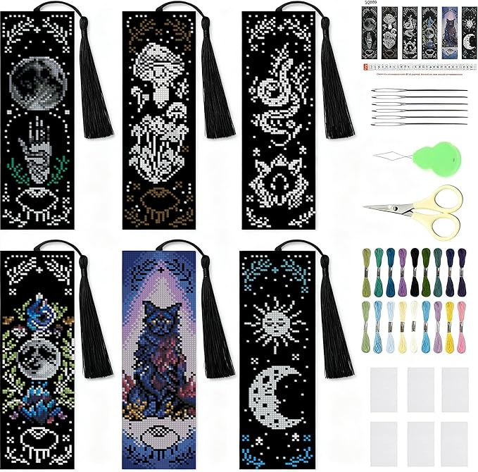 NEGEKFKX 6 Pcs Magical Witchy Cross Stitch Bookmark Kit for Adult Beginners,Cross Stitch Kits 14 CT DIY Crossstitch Kits Adult Stamped Bookmark Embroidery Bookmarks Kit