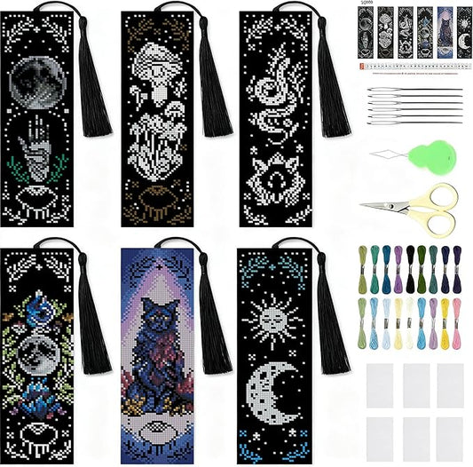NEGEKFKX 6 Pcs Magical Witchy Cross Stitch Bookmark Kit for Adult Beginners,Cross Stitch Kits 14 CT DIY Crossstitch Kits Adult Stamped Bookmark Embroidery Bookmarks Kit