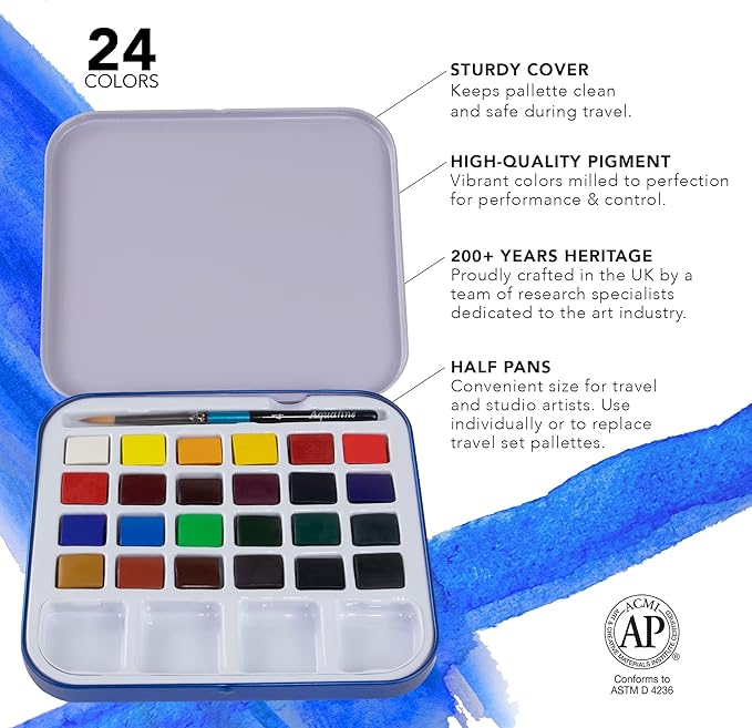 Daler Rowney Aquafine 24-pc Watercolor Travel Set - Watercolor Paint Set for Watercolor Paper and More - Watercolor Set for Artists and Students - Water Color Paint for All Skill Levels