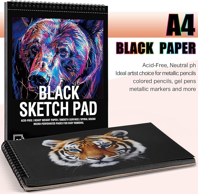 30 Sheets Black Paper Sketchbook, 98lb/160gsm Heavyweight Black Sketch Pad 8.3×11.7in, Acid-Free Drawing Paper, Spiral Bound Sketch Book for Kids, Teens, Artist