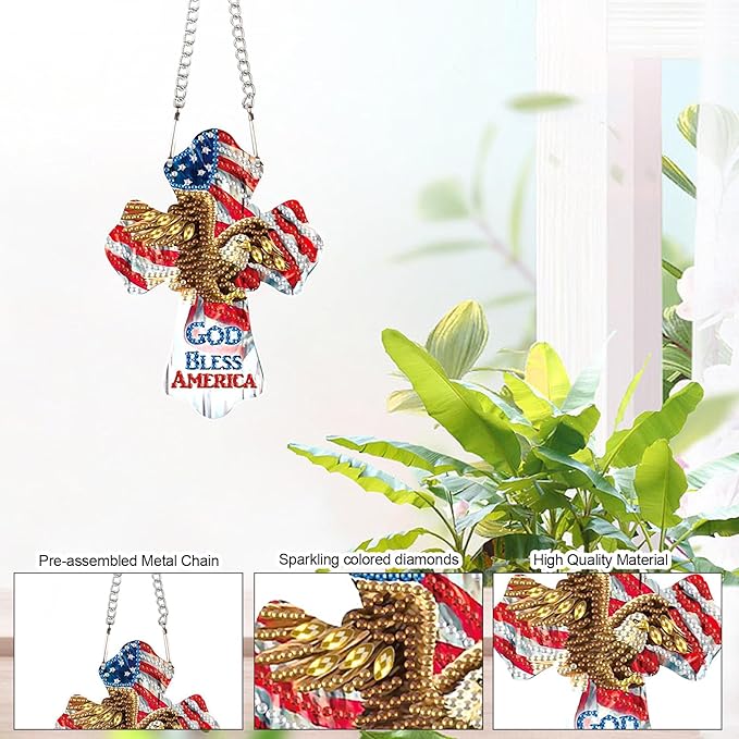 God Bless America Diamond Painting Hanging Ornament - Patriotic Cross with Eagle & American Flag - DIY 5D Diamond Art Kit with Chain - Independence Day Home Decor - Handmade Beaded Sun Catcher Gift
