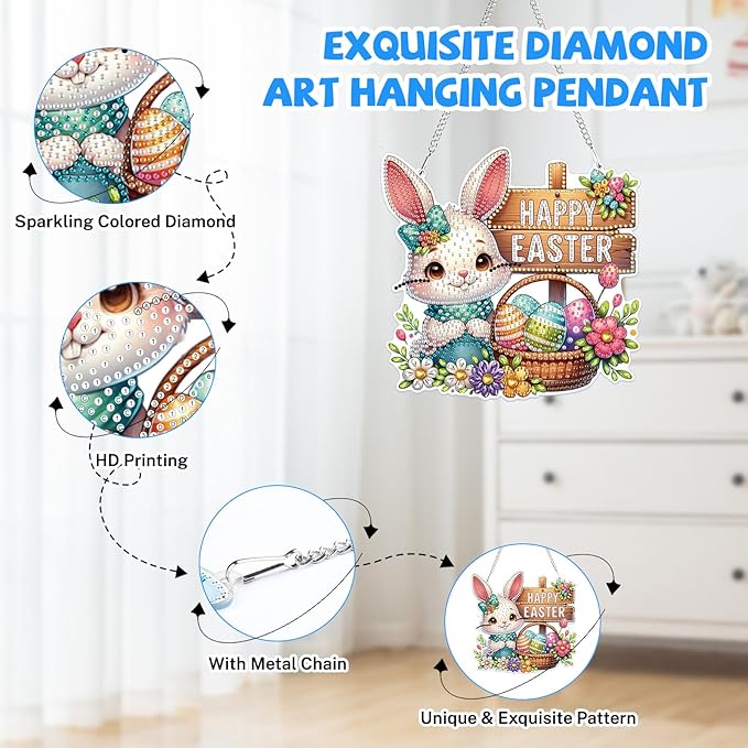 Bowetile Easter Hanging Diamond Art Kits for Adults Kids, 5D Special Shape Diamond Painting Rabbit Kits, Easter Diamond Gem Art Suncatchers Painting Pendant Home Decor, Gifts for Kids