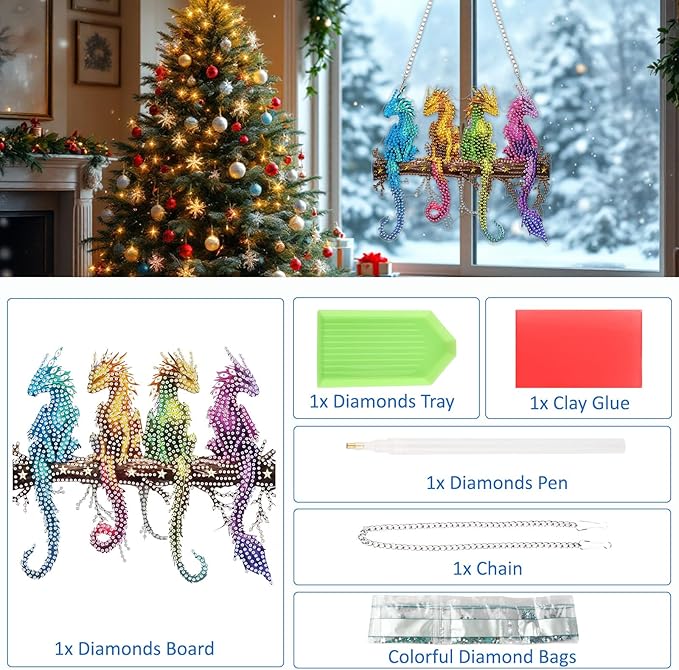 SENQAO Dragon Diamond Art Hanging Kits for Adults Kids, Double Sided DIY Acrylic Diamond Art Painting Window Pendants Home Garden Wall Hanging Kits Hanging Ornament