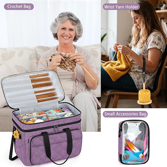 IBFUN 3PCS Crochet Bag with Wrist Yarn Holder, Large Yarn Storage Tote Waterproof Knitting Bag Organizer with Adjustable Strap for Hooks, Needles (Up to 14"), Accessories, Crochet Lovers, Tangle-Free