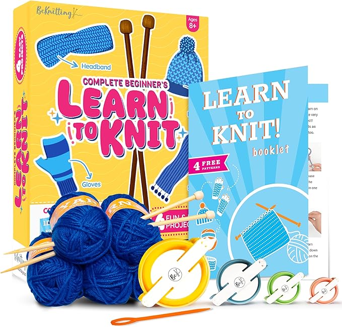 BeKnitting Knitting Kit for Beginners Adults & Kids - Learn to Knit - Yarn, Pompom Makers, Needles & Other Supplies | Holiday Gifts, Gift-Ready Box