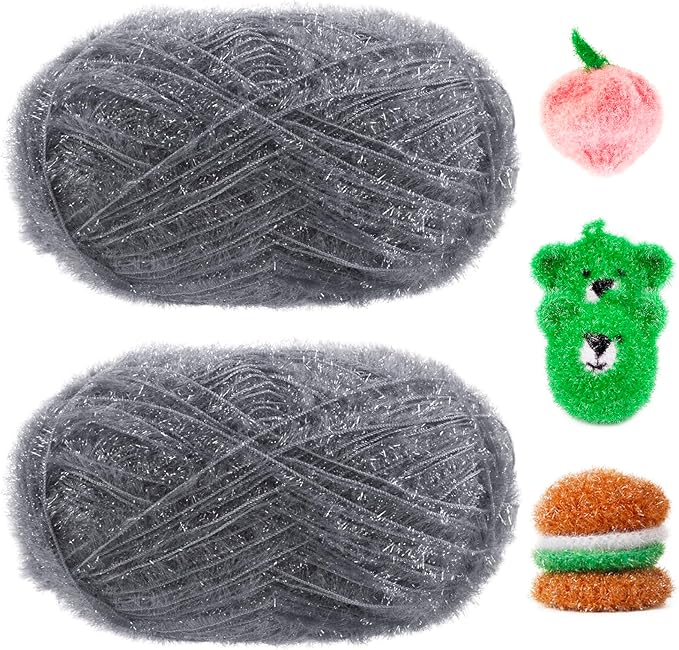 JeogYong Scrubby Yarn 2 Skeins (2 x 100g, 2 x 218yd) Scrubby Sparkle Yarn, Fluffy Polyester Scrubbie Crochet String for Crocheting Knitting Dishcloths Washcloths DIY Projects