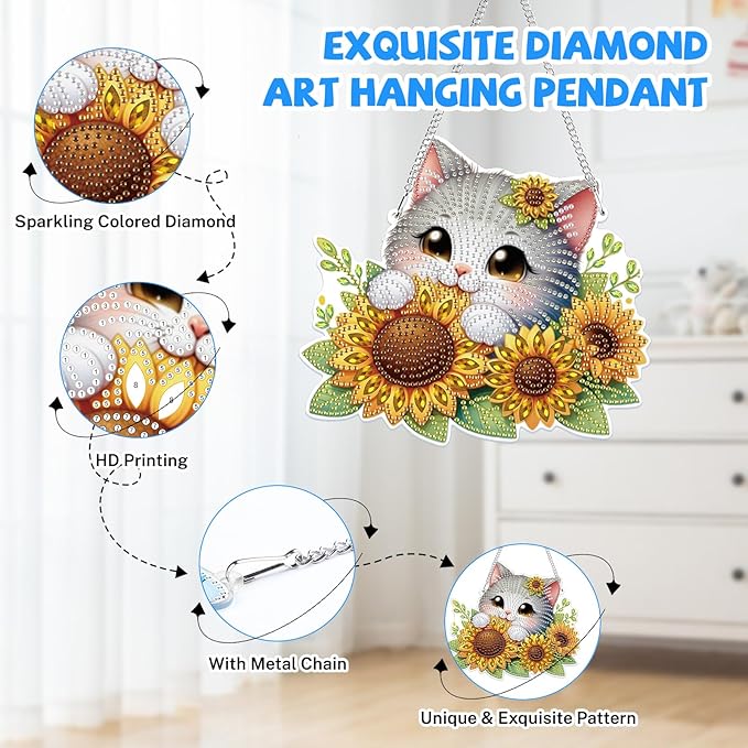 Bowetile Hanging Diamond Art Cat Kits for Adults, 5D Special Shape Diamond Painting Sunflower Kits, Animal Diamond Gem Art Suncatchers Painting Pendant Ornament for Home Garden Wall Decor