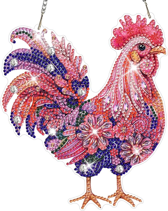 NAIMOER Diamond Art Hanging Kits for Adults Chicken 5D Special Shaped Rhinestone, DIY Acrylic Diamond Art Painting Window Pendants Home Garden Wall Hanging Ornament Kits, Double Sided