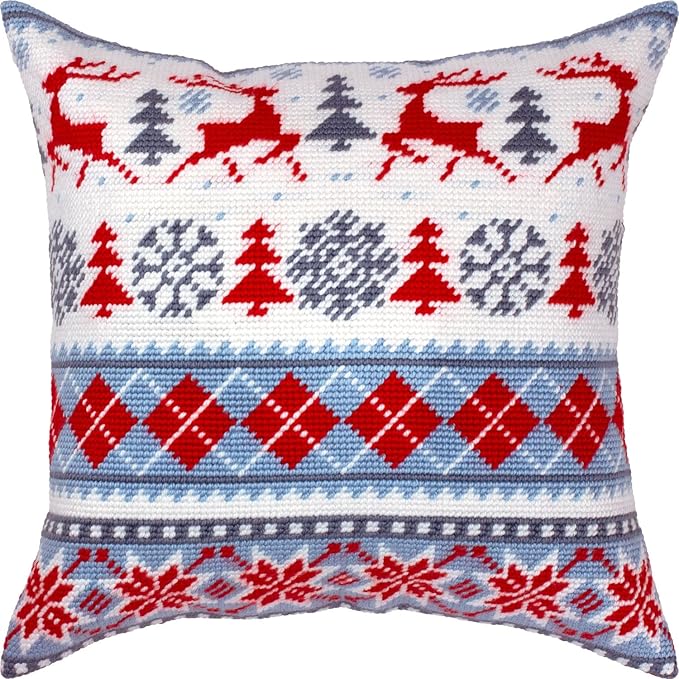 Brvsk Seasonal Needlepoint Kit for Adults and Beginners — Winter Deer 16″ × 16″ with Clear, Precise Printed Design on Cotton Canvas; Includes 2 Needles, Yarn, and Easy-Read Chart