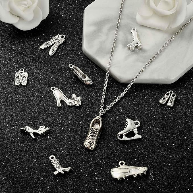 DanLingJewelry 120Pcs 12 Styles Tibetan Style High Heel Shoe Charms Boot Ballet Sneaker Shoes Charms for Jewelry Making Crafting