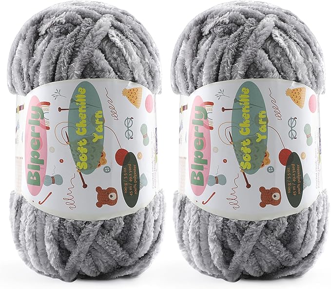2 * 100g Fluffy Chenille Yarn for Crocheting - Chunky Velvet Yarn for Scarves Shawls, Baby Blankets, Hats Plush Toys, Plush Yarns Each Skein 49.2yd (2, Light Gray)