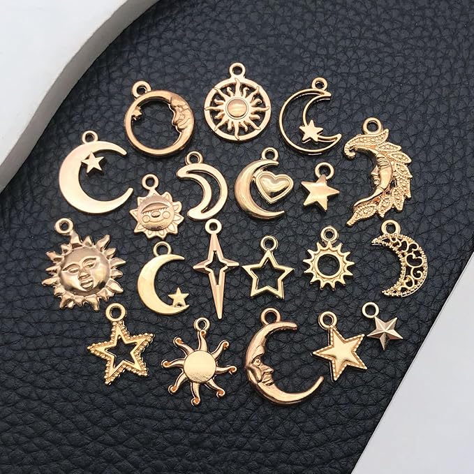 WOCRAFT 60pcs KC Gold Sun Moon Star Charms Bracelet Charms for Jewelry Making Sets DIY Necklace Bracelet Keychain Crafting Charms Kit Craft Supplies (SN836)