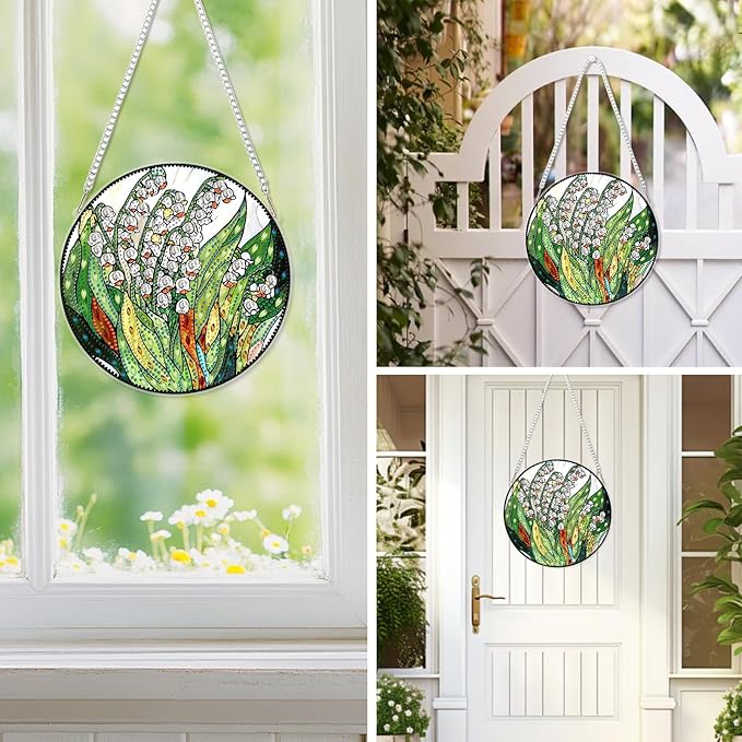 EOBROMD Diamond Hanging Art Kits for Adults, Lily of the Valley Suncatcher Diamond Art Painting, DIY Special Shaped Rhinestone Kits for Adults, Window Pendants Home Garden Wall Hanging Ornament