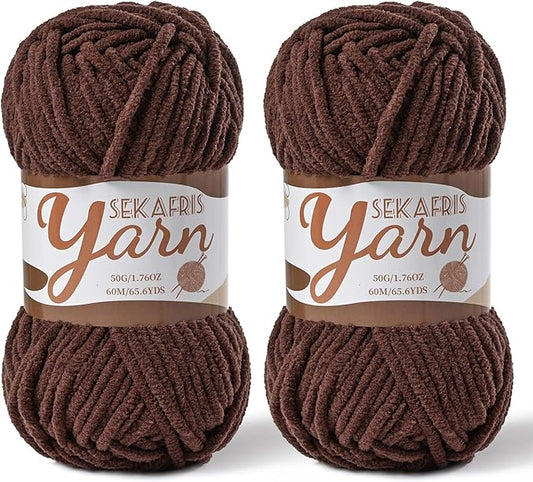 2 Pack Fluffy Velvet Yarn for Crocheting，Baby Blanket Yarn for Crocheting Soft，100g(131yds) Amigurumi Yarns，Plush Chenille Crochet Yarns，Puzzle Yarn for Crochet Weaving Craft(2 Dark Coffee)