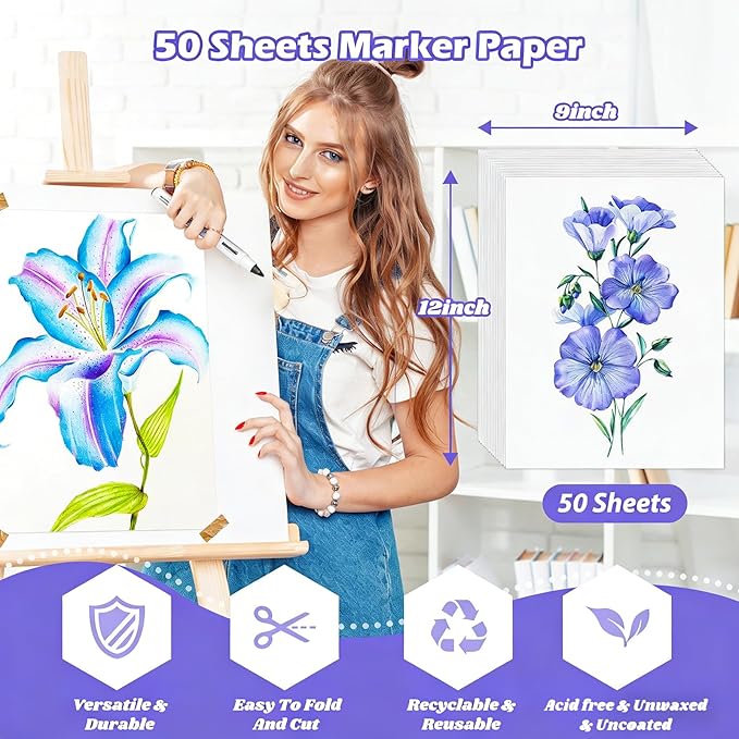 Marker Paper 9" x 12", 50 Sheets 73lb/120gsm Alcohol Marker Paper, Smooth Painting Coloring Loose Drawing Paper, Art Supplies for Kids Adults Teacher Marker Pad Sketchbook, Classroom Must Have