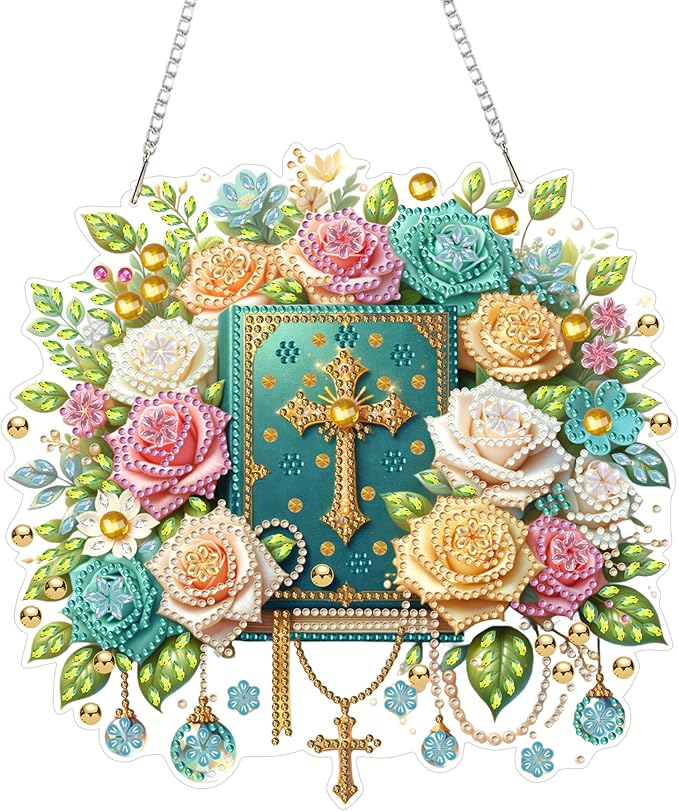 Eiflow Diamond Art Hanging Kit for Adults Religious, DIY Diamonds Painting Door Hanger Board Kit, Special Crystal Diamond Art Painting Pendant Ornament (The Bible)