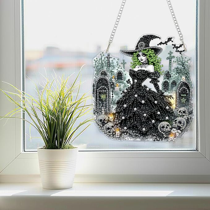 SENQAO Witch Diamond Art Hanging Kits for Adults Beginners, DIY Acrylic 5D Special Shaped Crystal Diamond Gem Art Painting Hanging Ornament for Home Wall Decor and Gift（Halloween Skull）