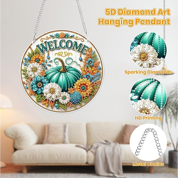 MOGTAA Fall Pumpkin Diamond Art Hanging Pendant Kits, Flowers Landscape Diamond Art Kits for Adults, 5D Special Shape Diamond Painting Gem Art for Home Garden Wall Decor