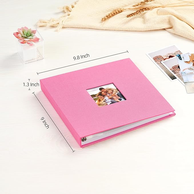 Mublalbum 8x8 Inch DIY Scrapbook Photo Album with 20 Plastic Sleeves 40 Pages Linen Cover 3 Ring Folder Binder for Wedding Baby Family and DIY Projects (Pink)