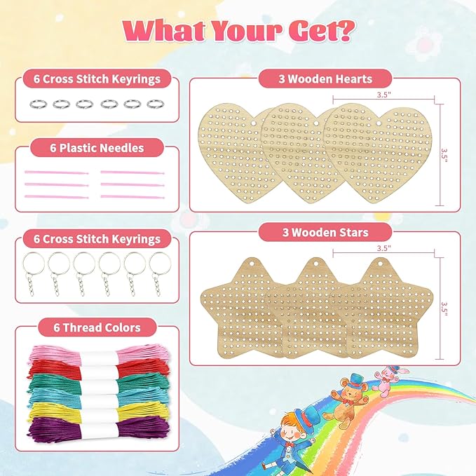 VKPI Wooden Cross Stitch Kits for Kids, Make Your Own 6 Cross Stitching Keyrings, Wood Sewing Kit, Arts & Crafts Stars, Hearts Ornaments, Plastic Needle Embroidery Kit for Beginners, Girls, 6-13