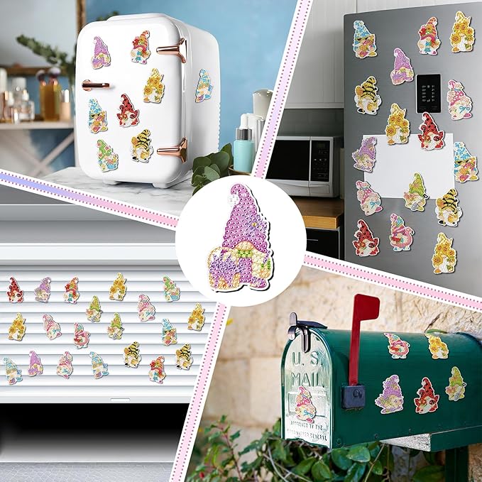 Frienda 12 Pcs Diamond Art Magnets Pastel Refrigerator Diamond Painting Magnets Gnome Spring Summer Easy Kits Interchangeable for Adults Beginners DIY Home Decors Gifts Craft