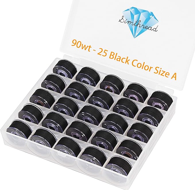 Simthread 25pcs 90 Weight Black Prewound Bobbin Thread Size A Class 15 (SA156) with Clear Storage Plastic Case Box 60S/2 for Brother Embroidery Thread Sewing Thread Machine DIY