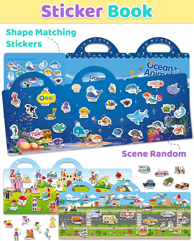 benresive reusable sticker books for kids, sticker books for toddlers, toddler travel toys activities crafts ages 3 and up birthday gifts - ocean animals, fairy and vehicle