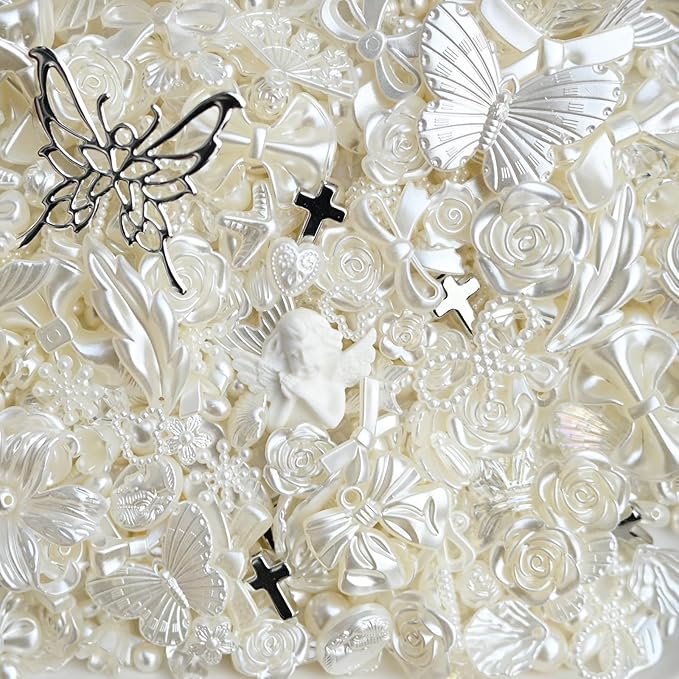 Baroque Pearl Beads for Junk Case Charms Kit,Assorted Unique Aesthetic Y2K Beads with Holes, Vintage Relief Flower Bow Angel Charms for DIY Phone Charms, Bracelet Jewelry Making Decor Supplies, White