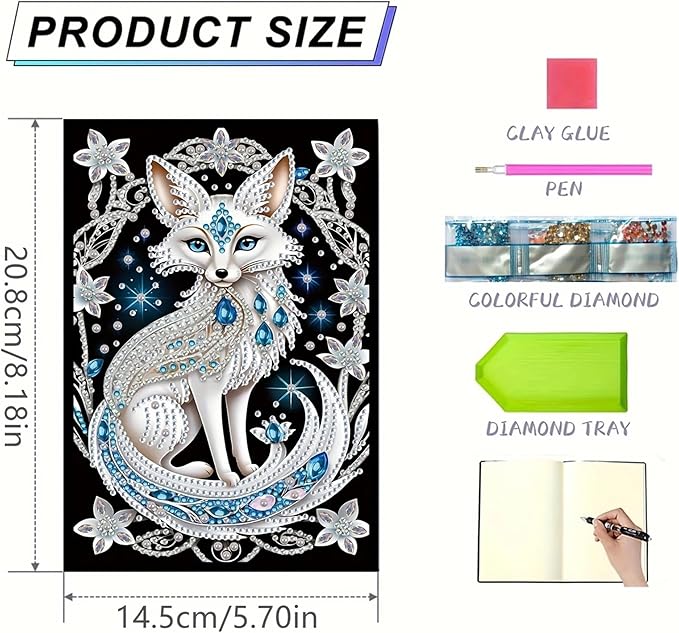 Fox Diamonds Painting Notebook for Adults, A5 Diamond Art Journal and DIY Sketchbook, Diamond Art Kit Supplies,Gift for Beginners, Craft Lovers, Artists. (Fox)
