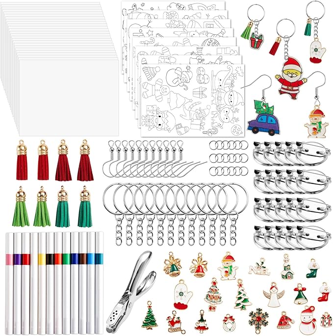 231Pcs Christmas Heat Shrink Plastic Sheet Kit Includes Shrinking Film Art Paper, Hole Punch, Keychains, Ear Hooks, Jump Rings, Tassels, DIY Heat Shrink Art Kit for Adults Creative Craft Marking