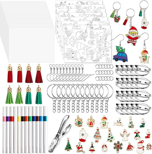 231Pcs Christmas Heat Shrink Plastic Sheet Kit Includes Shrinking Film Art Paper, Hole Punch, Keychains, Ear Hooks, Jump Rings, Tassels, DIY Heat Shrink Art Kit for Adults Creative Craft Marking
