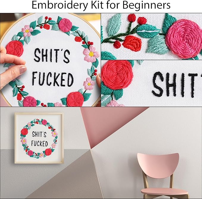 Louise Maelys Funny Embroidery Kit for Beginners,Cross Stitch Kits for Adults,Flower Wreath Needlepoint for Starters Including Instruction and Threads