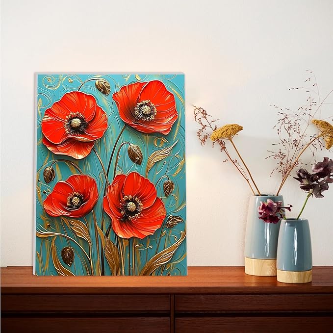 Lxmsja Red Poppies Paint by Numbers Kit for Adults, Acrylic Landscape Paint by Numbers for Adults Beginner, DIY Craft Supplies Oil Painting Kits for Home Wall Decor 12x16 inch (Framed)