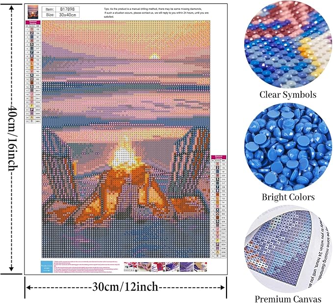Fountor Sunset Diamond Art Kits for Adults, Beach Landscape Diamond Painting Kit for Adults Beginners, 5D DIY Campfire Diamond Painting with Round Gem Art Kits for Home Wall Decor 12x16 Inch